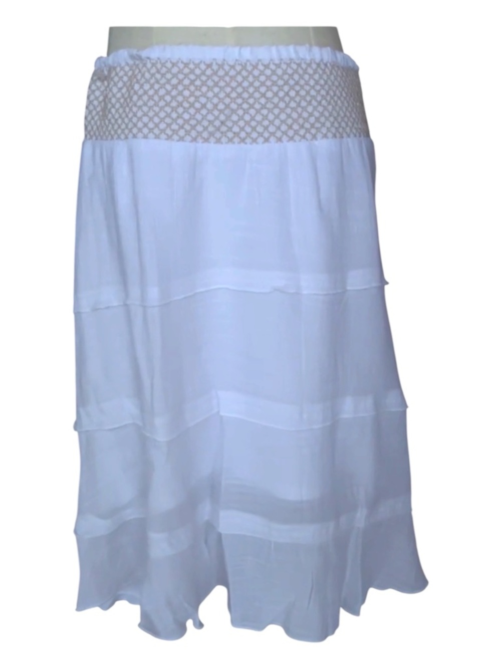 Iz Byer White High-Low Tiered Lined Rayon Blend Skirt Cream Smocked Waistband